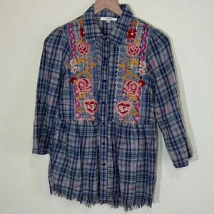 Andree by Unit Size Small 3/4 Sleeve Plaid Embroidered Top Blouse Boho Flowy